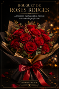 Un élégant bouquet de roses rouges soigneusement arrangées, symbolisant l'amour et la passion.