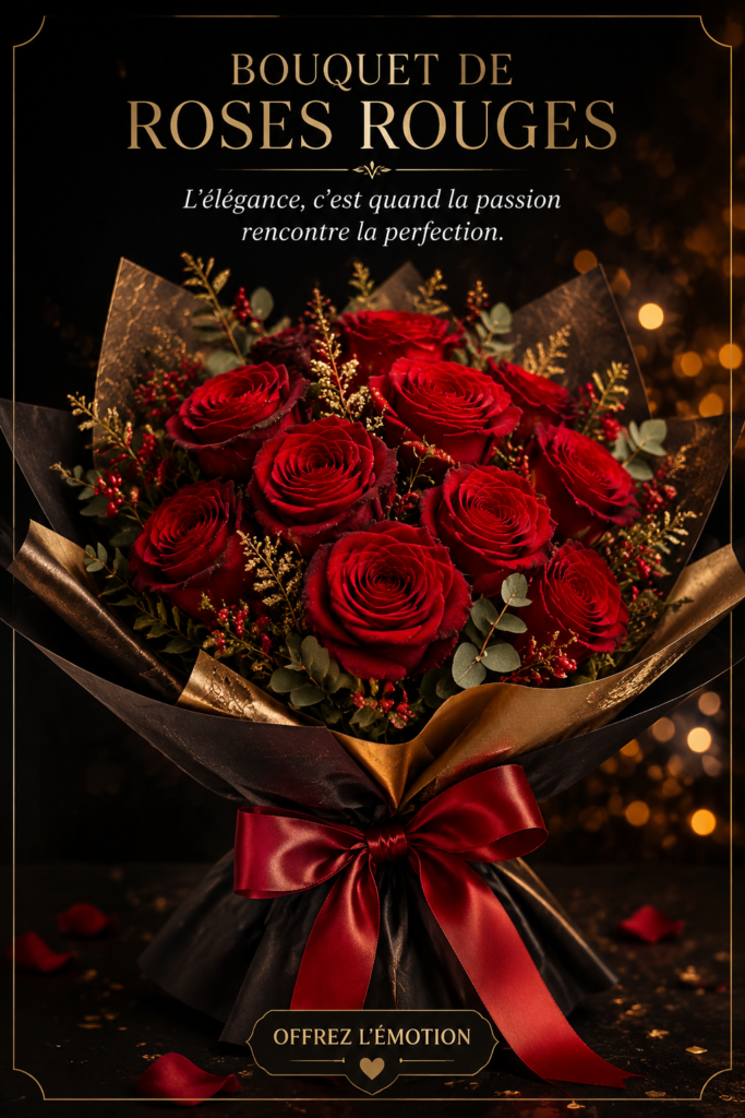 Un élégant bouquet de roses rouges soigneusement arrangées, symbolisant l'amour et la passion.