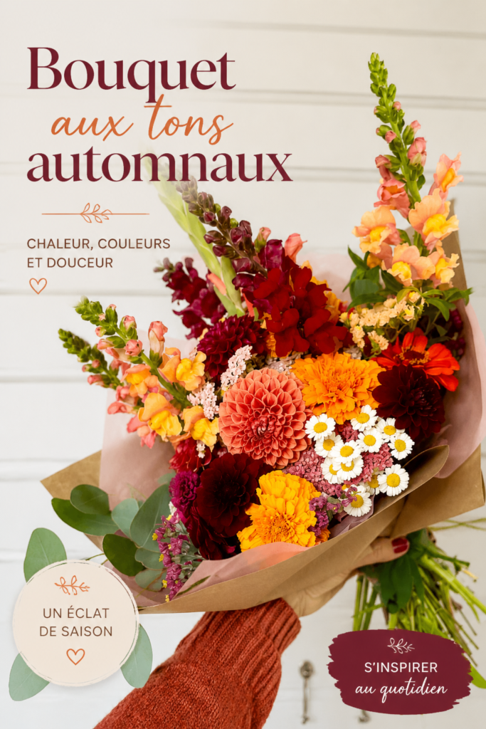 Bouquet d'automne aux couleurs chaudes avec des feuilles et des fleurs variées