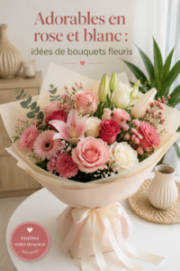 Bouquet en rose et blanc sur une table élégante, illustrant la beauté des fleurs