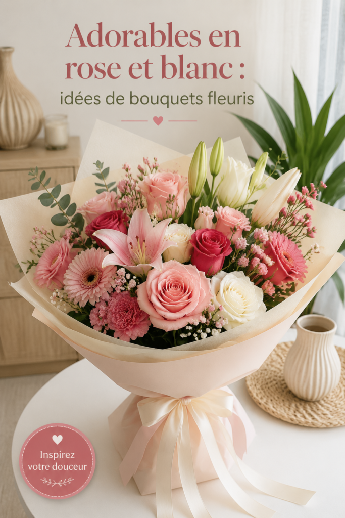 Bouquet en rose et blanc sur une table élégante, illustrant la beauté des fleurs
