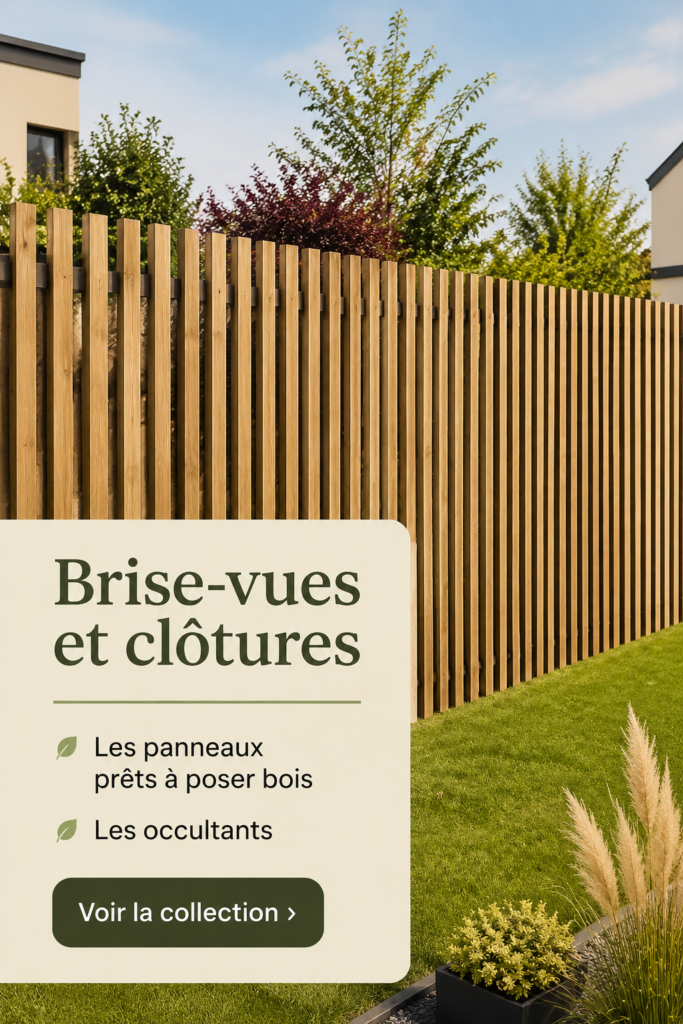 Panneaux de brise-vue en bois dans un jardin luxuriant.
