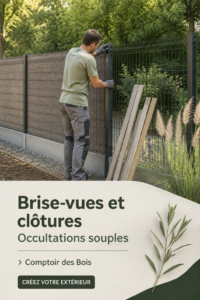 Brise-vue en bois créant une atmosphère chaleureuse dans un jardin