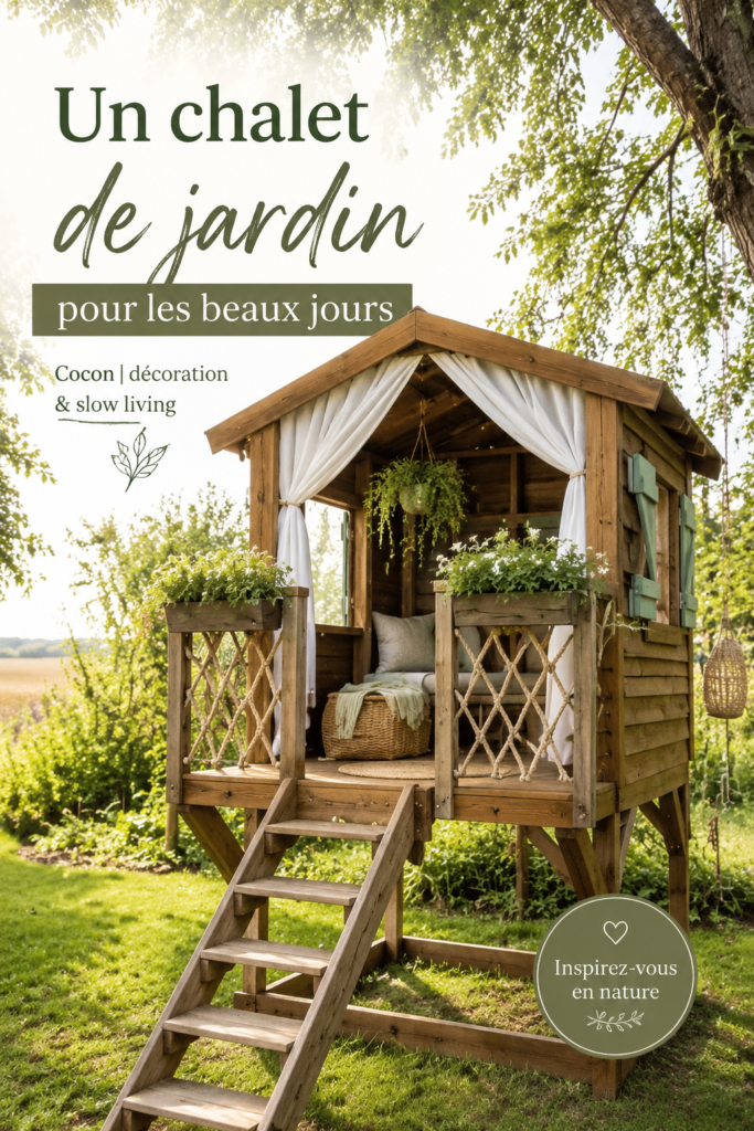 Chalet de jardin accueillant avec un coin détente fleuri, créant une ambiance chaleureuse.