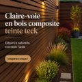 Claire-voie en bois composite teinté teck, esthétique et moderne dans un jardin.