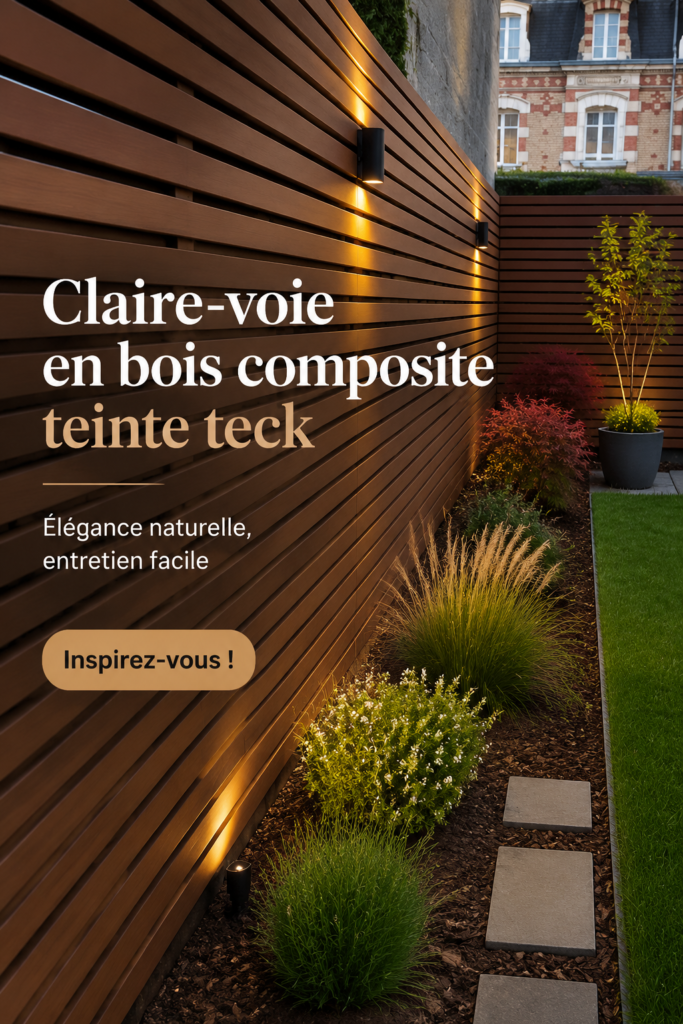 Claire-voie en bois composite teinté teck, esthétique et moderne dans un jardin.
