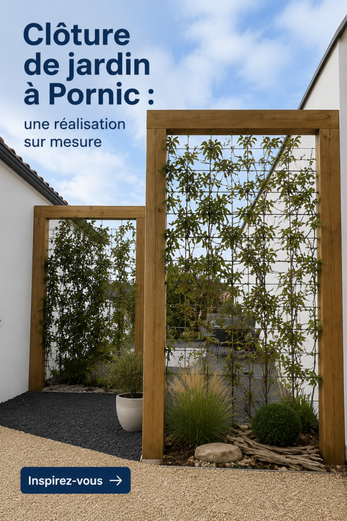 Clôture de jardin sur mesure en bois à Pornic, offrant une belle vue sur le jardin.