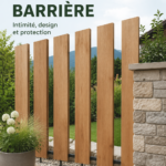 Clôture moderne en bois dans un jardin verdoyant, offrant une touche esthétique d'intimité.