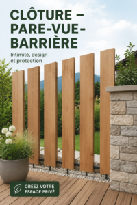 Clôture moderne en bois dans un jardin verdoyant, offrant une touche esthétique d'intimité.