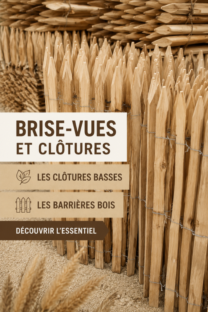 Clôture en bois et brise-vue dans un jardin décoré