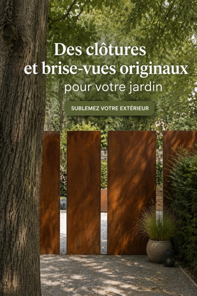 Clôtures modernes et brise-vues colorés dans un jardin bien entretenu.