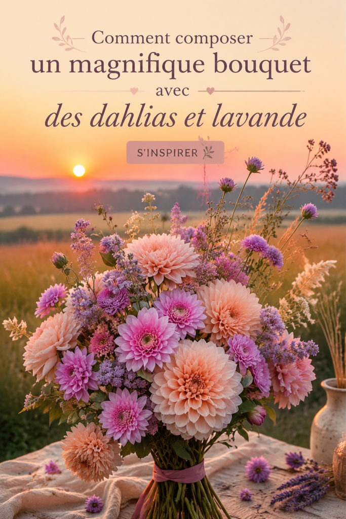 Un magnifique bouquet de dahlias et de lavande sur une table