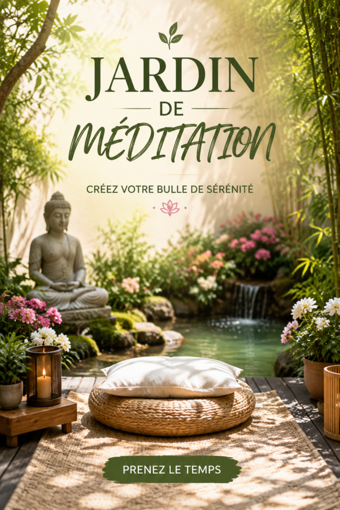 Un jardin de méditation zen avec des pierres, des plantes apaisantes et un coin assis pour la réflexion.