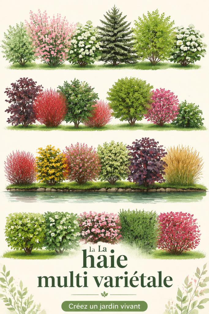 Une haie multi variétale colorée qui embellit un jardin.