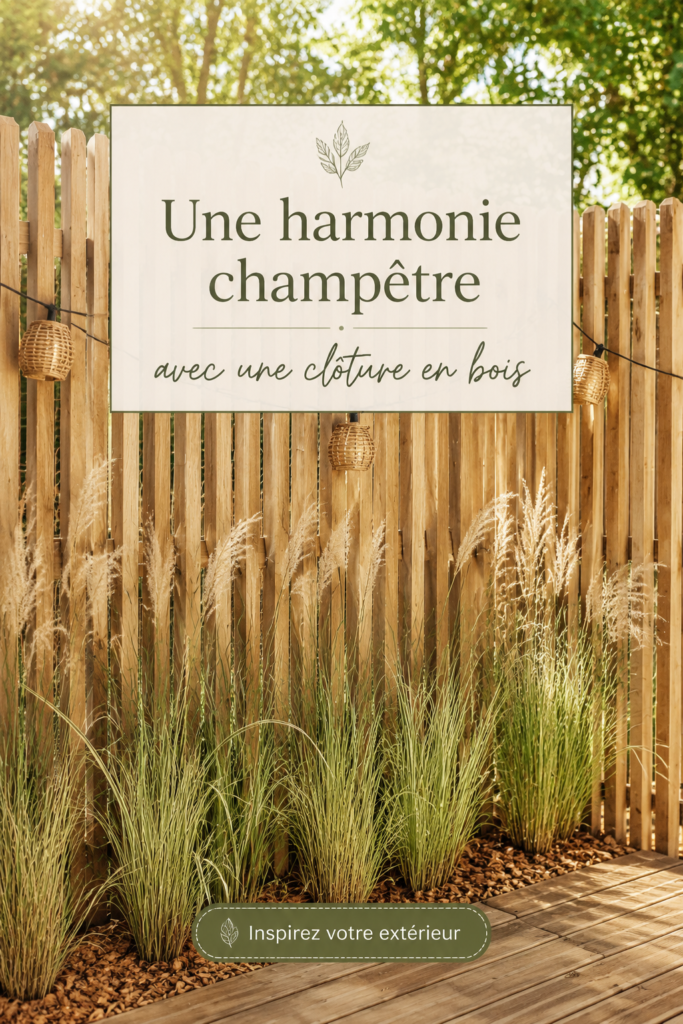 Clôture en bois chaleureuse entourant un jardin champêtre.