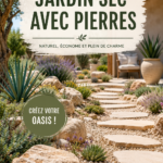 Un joli jardin sec avec pierres et plantes adaptées, offrant une belle harmonie