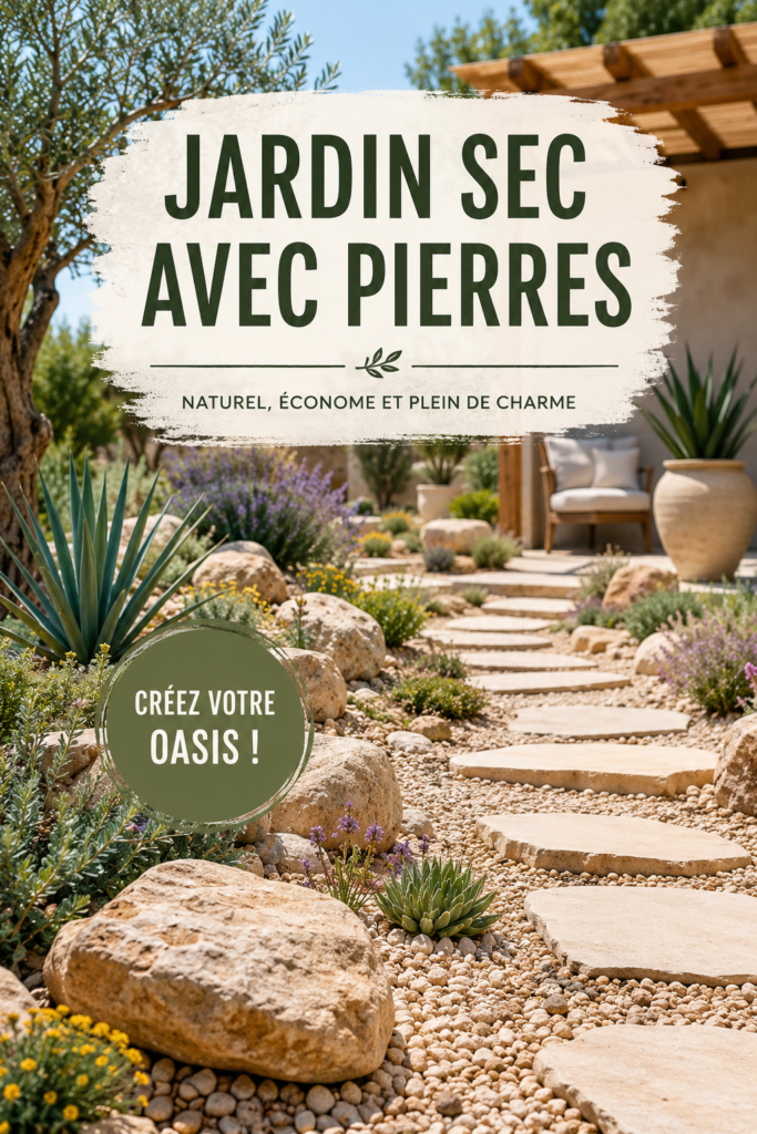 Un joli jardin sec avec pierres et plantes adaptées, offrant une belle harmonie