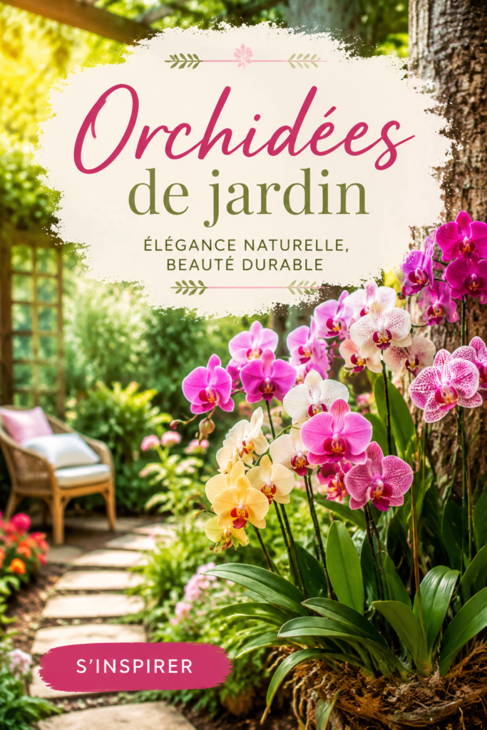 Un jardin fleuri avec de belles orchidées colorées en pleine floraison.