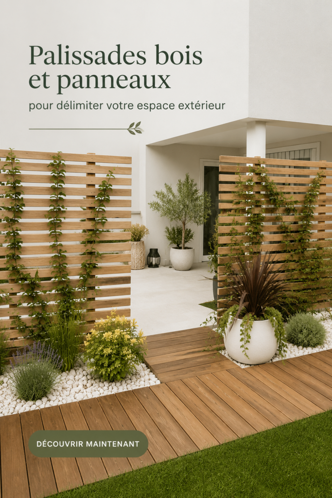 Palissade en bois délimitant un joli jardin fleuri.