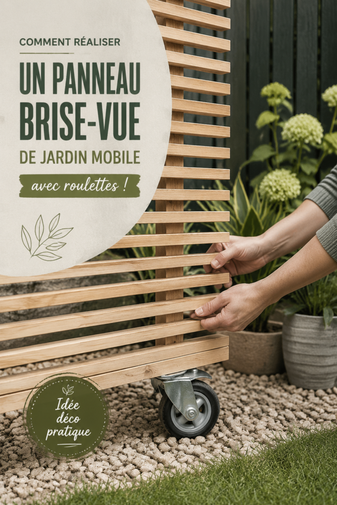 Un paravent de jardin sur roues en bois dans un espace extérieur verdoyant.