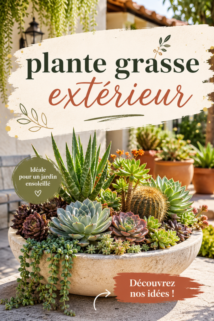 Jardin d'extérieur avec plusieurs variétés de plantes grasses colorées et bien entretenues.