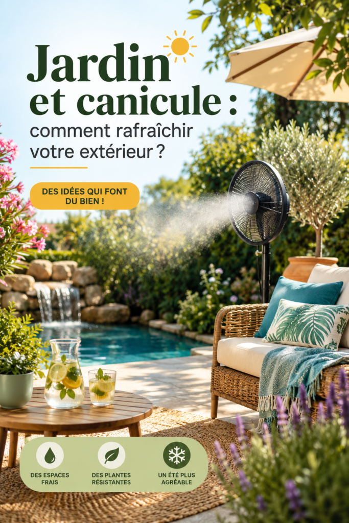 Un jardin ensoleillé avec des espaces d'ombre aménagés pour la canicule.