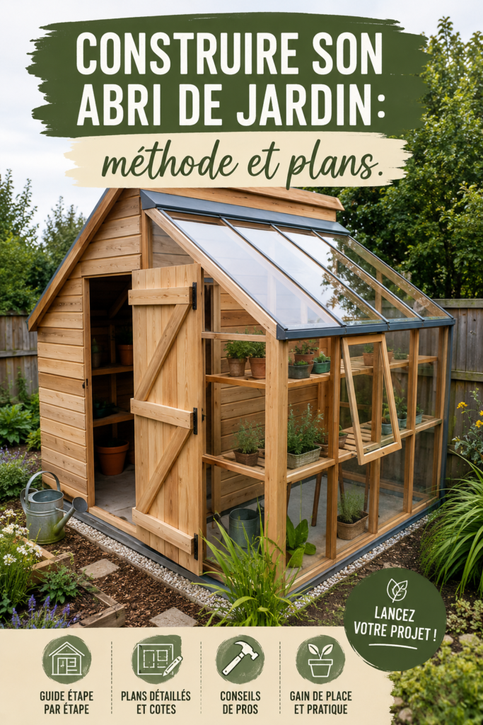 Abri de jardin en bois, pratique et joli, dans un jardin verdoyant.