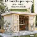 Abri de jardin en bois avec outils de jardinage rangés à l'intérieur