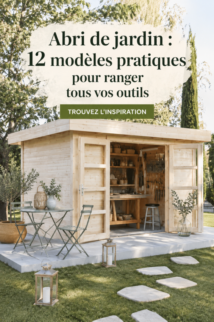 Abri de jardin en bois avec outils de jardinage rangés à l'intérieur
