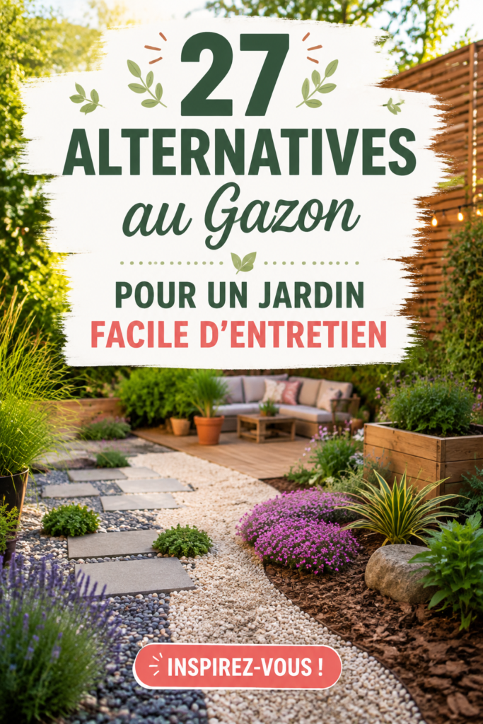 Jardin décoré avec des alternatives au gazon, intégrant des plantes et des sentiers en gravier.