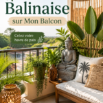 Balcon décoré dans un style balinais avec des plantes tropicales et un mobilier en bois