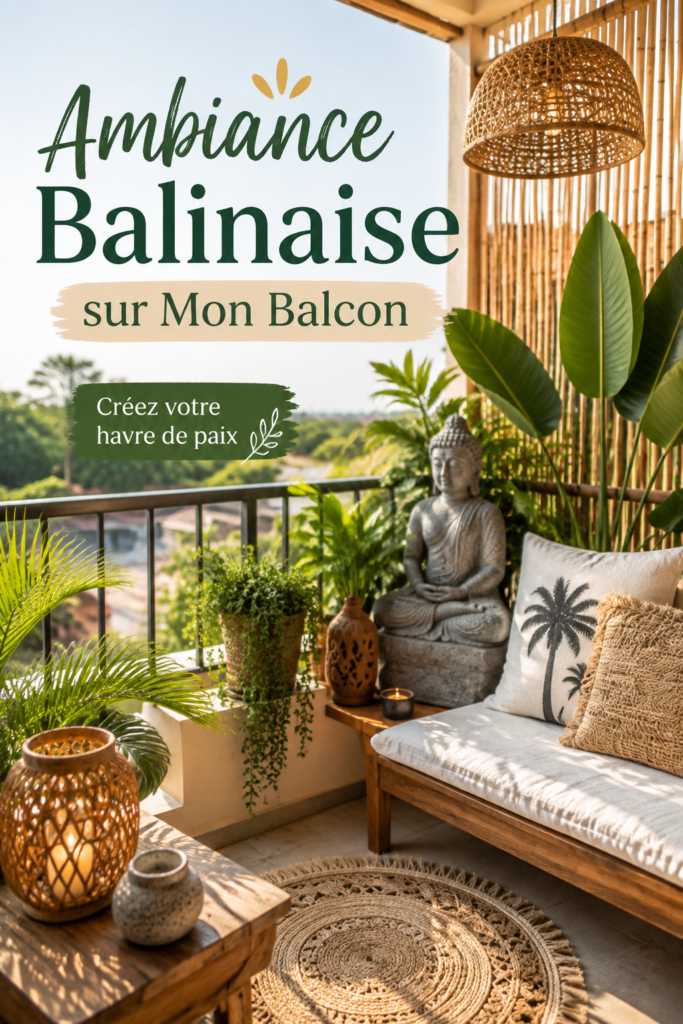 Balcon décoré dans un style balinais avec des plantes tropicales et un mobilier en bois