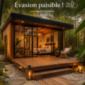 Jardin tranquille avec des éléments de décoration style cabane, créant une ambiance relaxante.