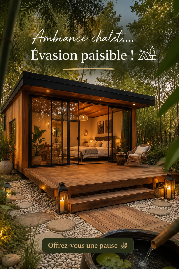 Jardin tranquille avec des éléments de décoration style cabane, créant une ambiance relaxante.