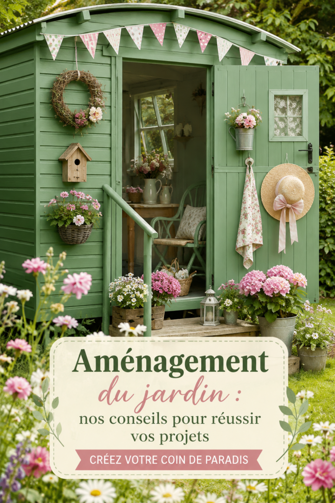 Jardin aménagé avec des plantes colorées et une terrasse accueillante