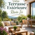 Terrasse extérieure décorée avec des meubles cozy et des plantes vertes