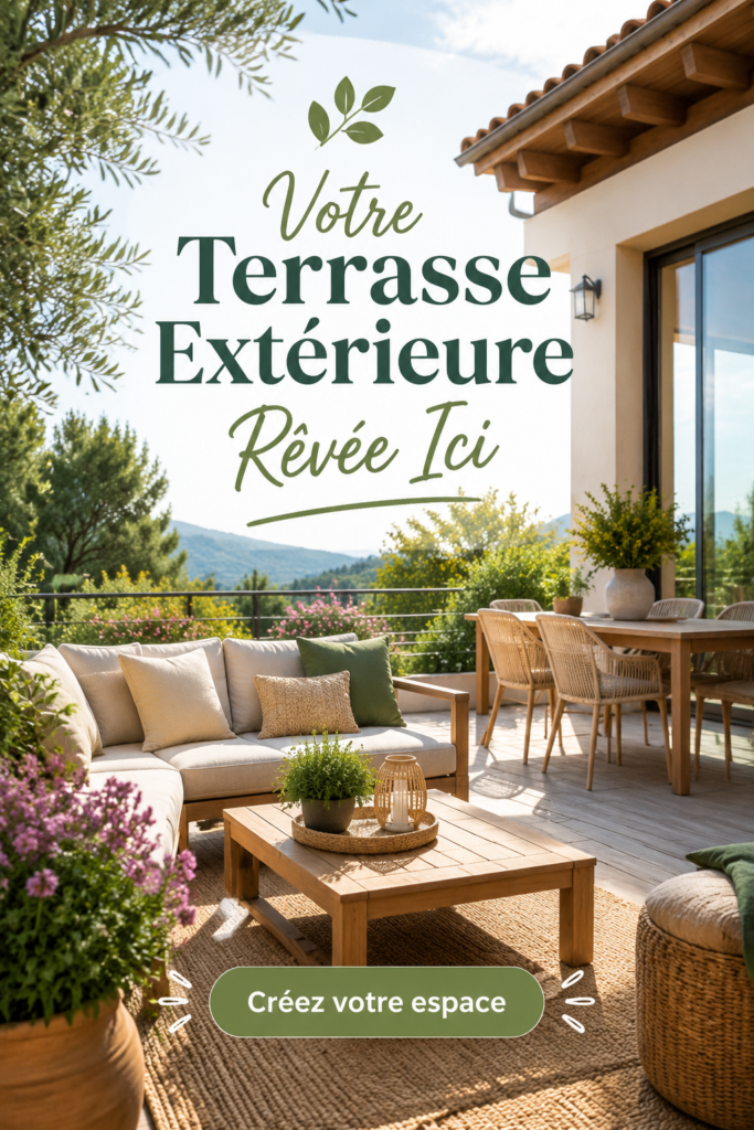 Terrasse extérieure décorée avec des meubles cozy et des plantes vertes