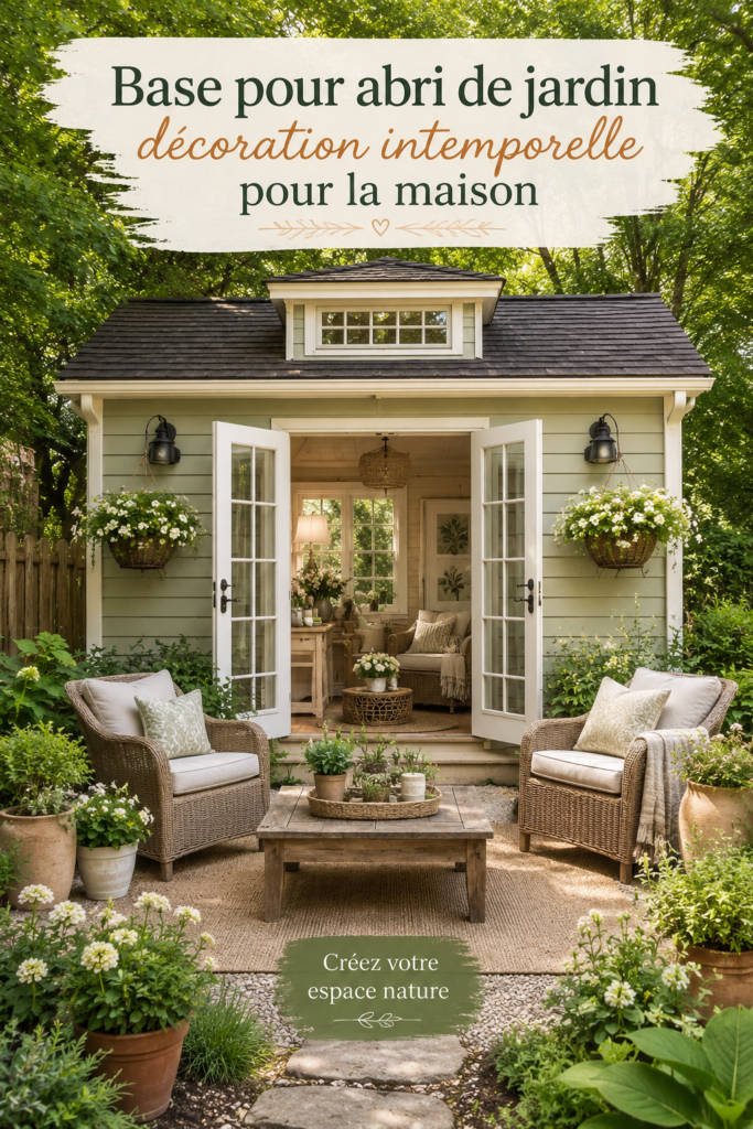 Base de cabanon de jardin en bois avec des fleurs tout autour