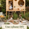 Une cabane en bois DIY colorée dans un jardin, créée pour les enfants.