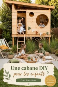 Une cabane en bois DIY colorée dans un jardin, créée pour les enfants.