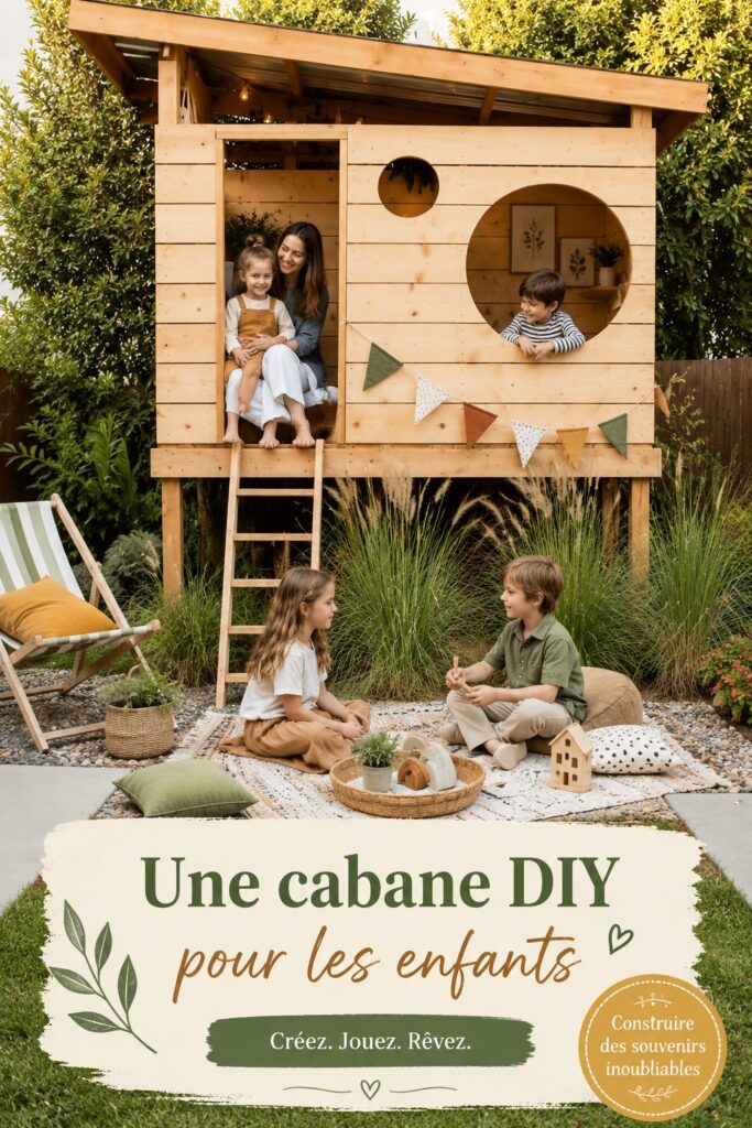 Une cabane en bois DIY colorée dans un jardin, créée pour les enfants.
