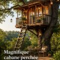Une cabane perchée dans les arbres au milieu d'un jardin verdoyant