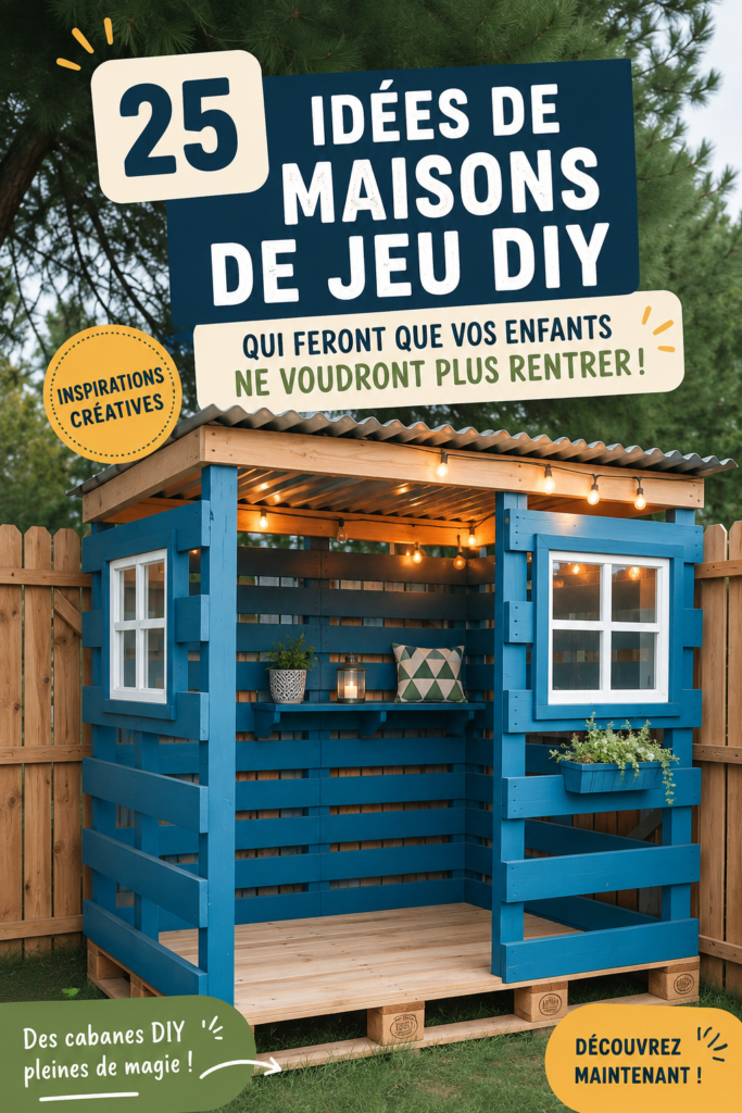 Cabanes de jardin DIY colorées pour enfants, de différentes formes et tailles, créant un espace de jeu en extérieur.