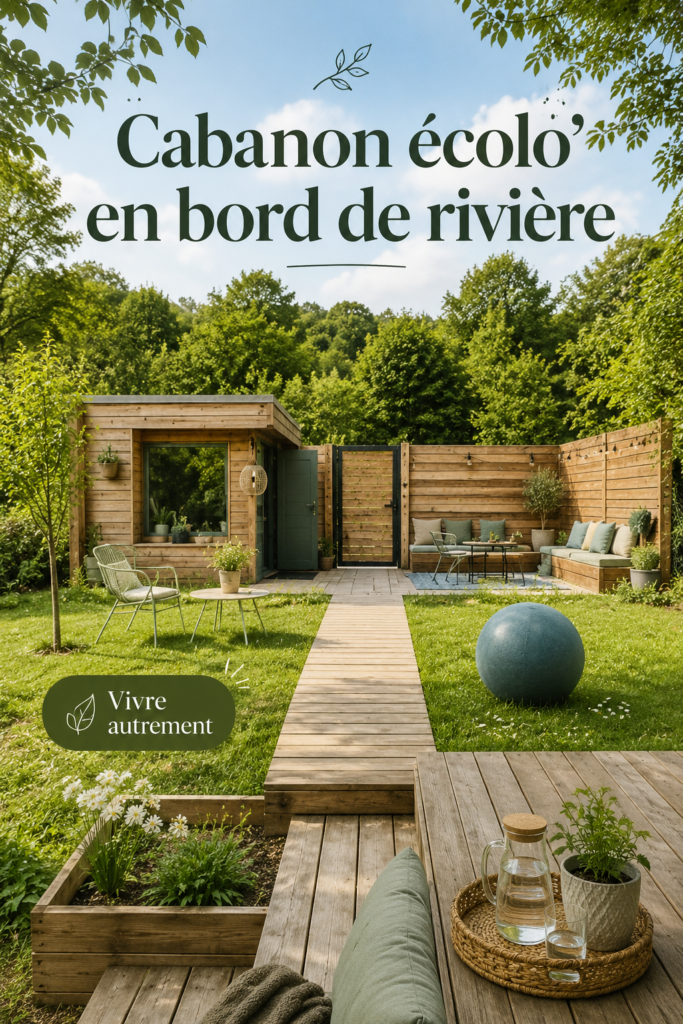 Cabanon écolo au bord de la rivière, intégré dans un jardin verdoyant.