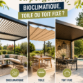 Une pergola bioclimatique dans un jardin verdoyant, créant un espace de détente.