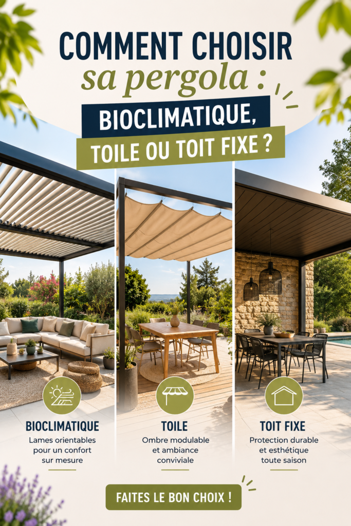 Une pergola bioclimatique dans un jardin verdoyant, créant un espace de détente.