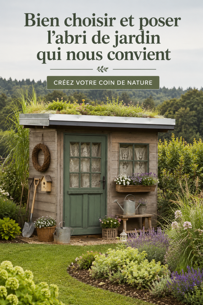Abri de jardin contemporain en bois dans un jardin bien entretenu.