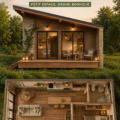 Un jardin décoré dans le style cottage avec des fleurs colorées et des meubles en bois.