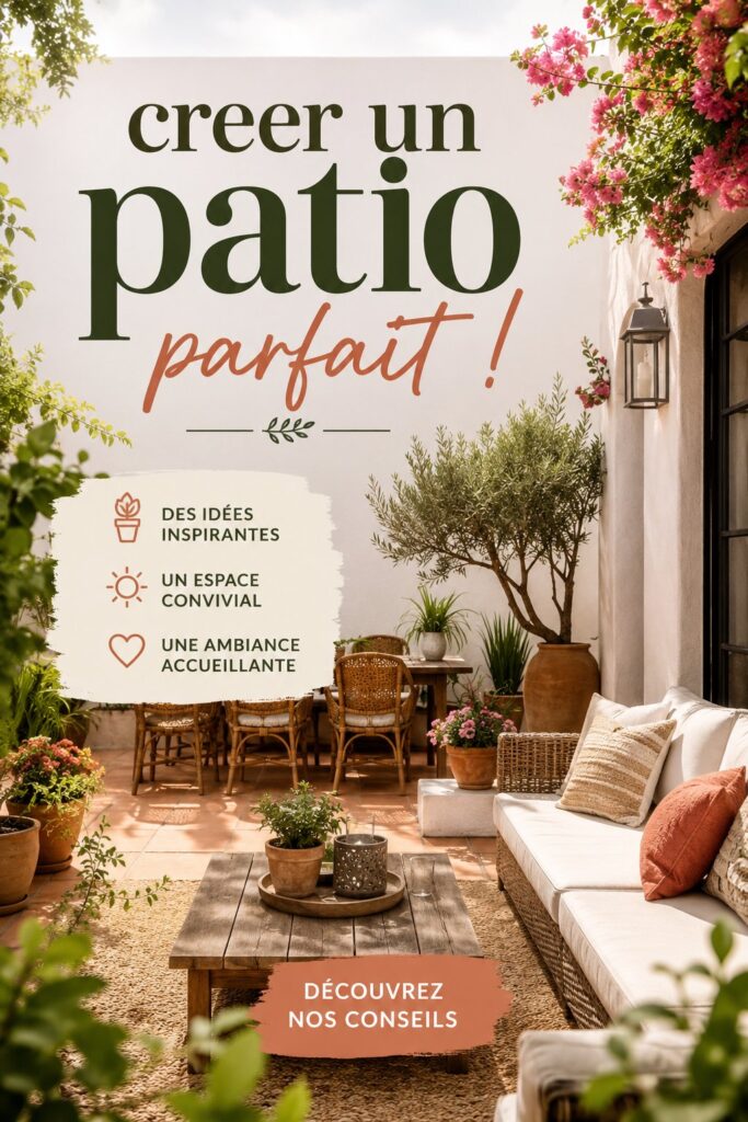Patio en bois avec mobilier confortable et plantes décoratives.