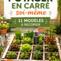 Un potager en carré en bois rempli de légumes variés et bien entretenus.